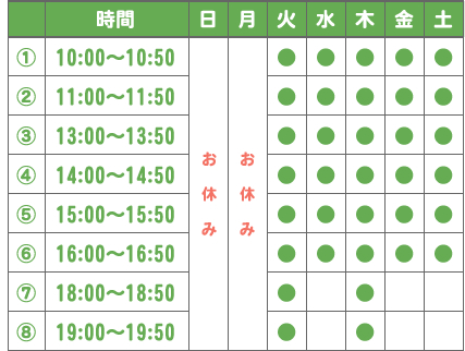 ※レッスンは50分単位です。※左記の中で、お好きな時間を前もって予約してください。※2レッスンずつの受講をオススメします。
